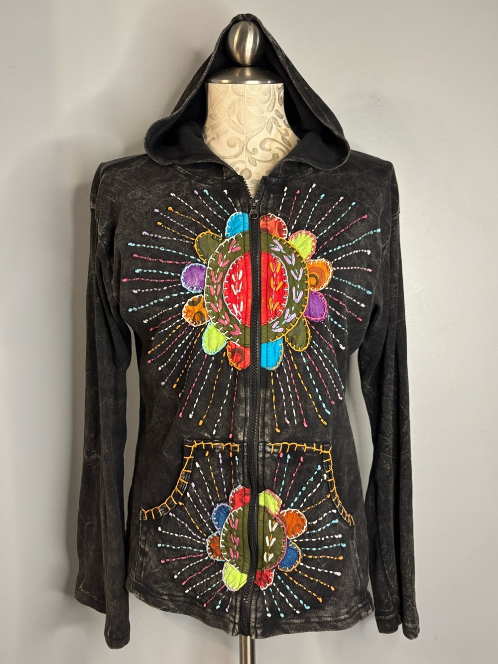 Rising Internal Embroidered Hooded Zip Jacket w/ Multicolor Floral Accents